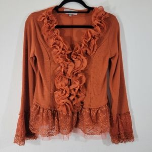PRETTY ANGEL terracotta linen blend ruffle collar lace tulle trim cardigan